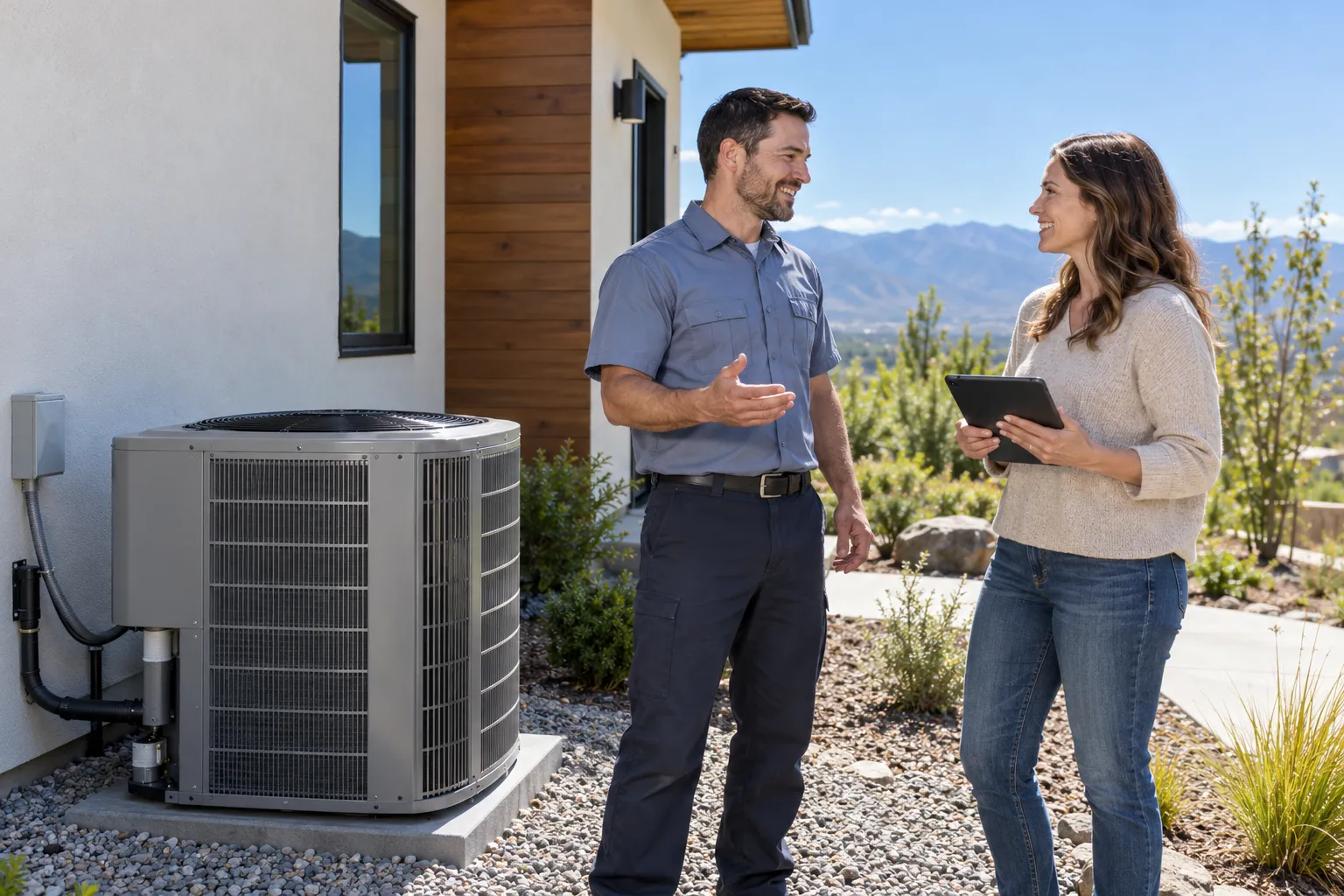A friendly local provider showing a homeowner a new outdoor AC unit beside a wood and stucco home in the Aurora area