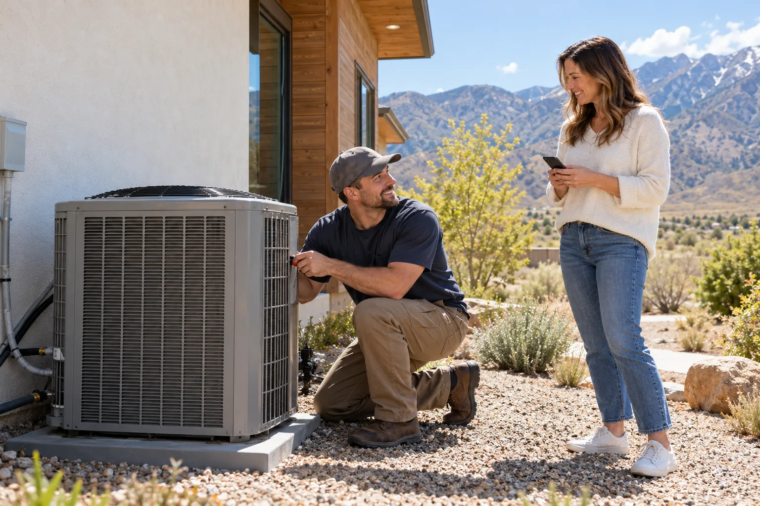 Independent HVAC provider checking an outdoor air conditioner for a homeowner in Aurora