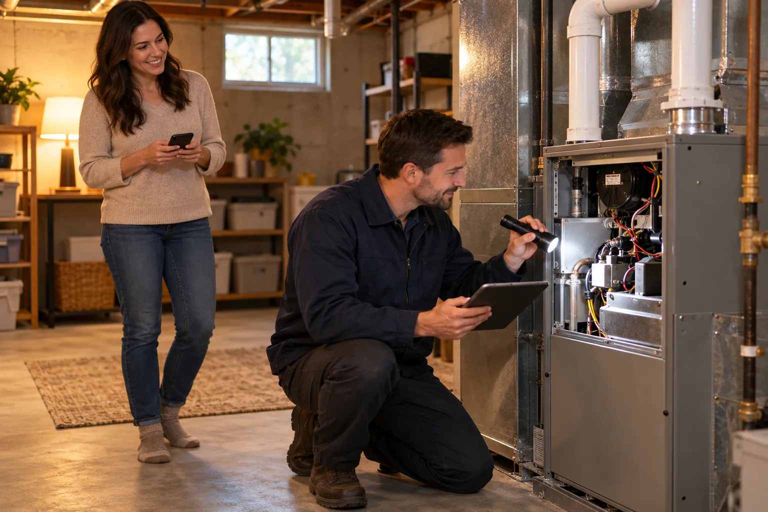 A local provider checking a home furnace in a basement utility area in Aurora