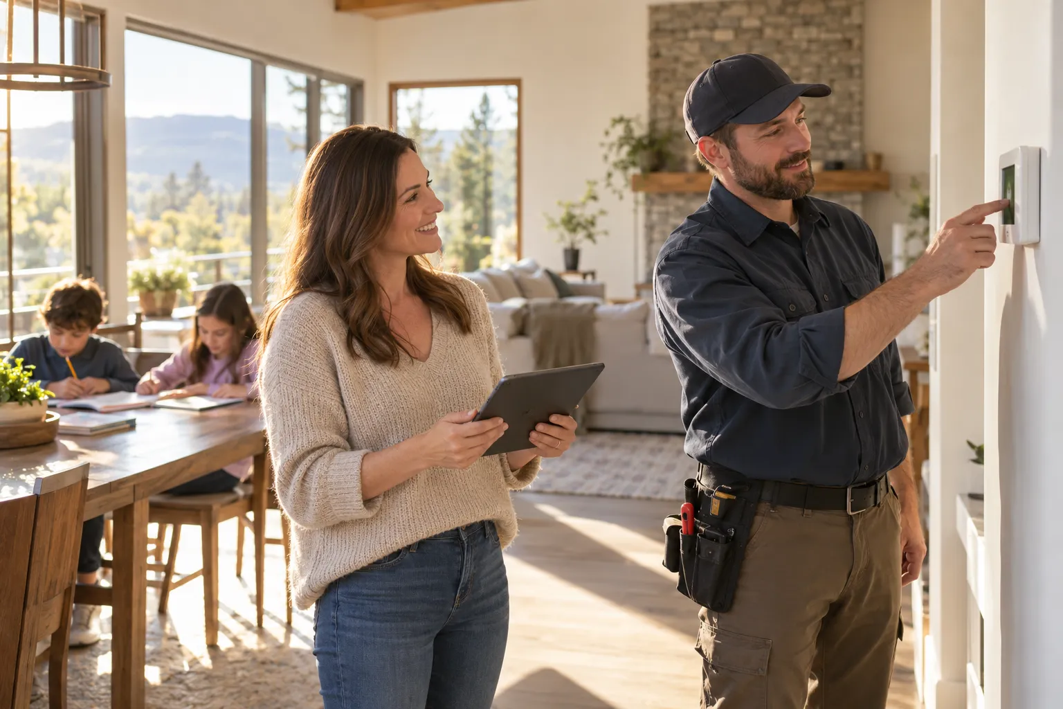 A family relaxing in a comfortable living room in Aurora while a provider checks the thermostat